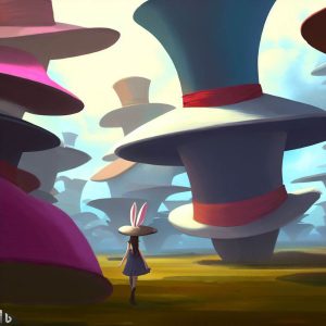 digital painting, a girl with long rabbit hat in the land full of hats
