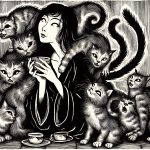 A drawing in black ink, influenced by the style of Japanese woodcuts, emphasized the grotesque. A woman with cats