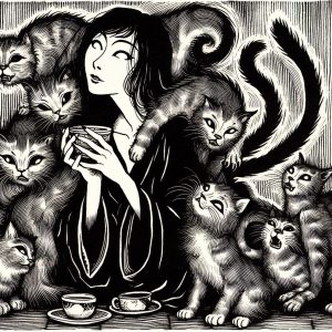 A drawing in black ink, influenced by the style of Japanese woodcuts, emphasized the grotesque. A woman with cats