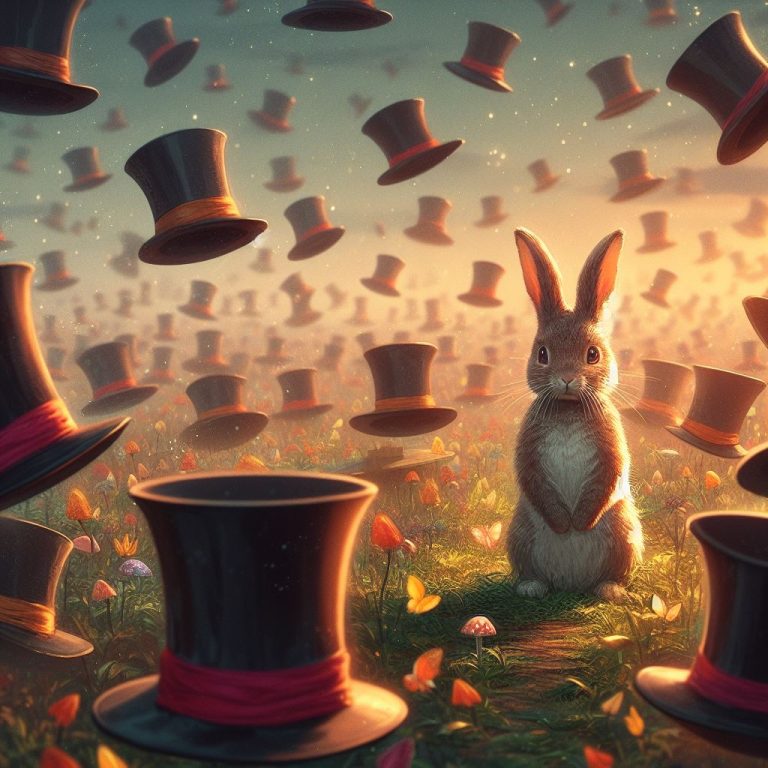 A rabbit alone in a land full of magician's hats, digital painting (1)