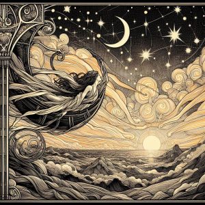 Art Nouveau illustration of sky with mythological storytelling vibe