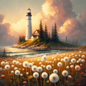 Contemporary Realism style landscape painting inspired by Lighthouse Dandelions by Jamie Wyeth
