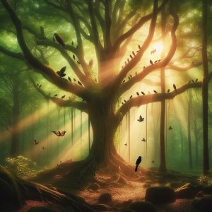 a painting of the ancient trees stand tall, against the sky in jungle, generated by bing